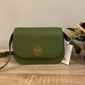 New Tory Burch Britton Small Saddle Bag Green Pebble Leather Crossbody
